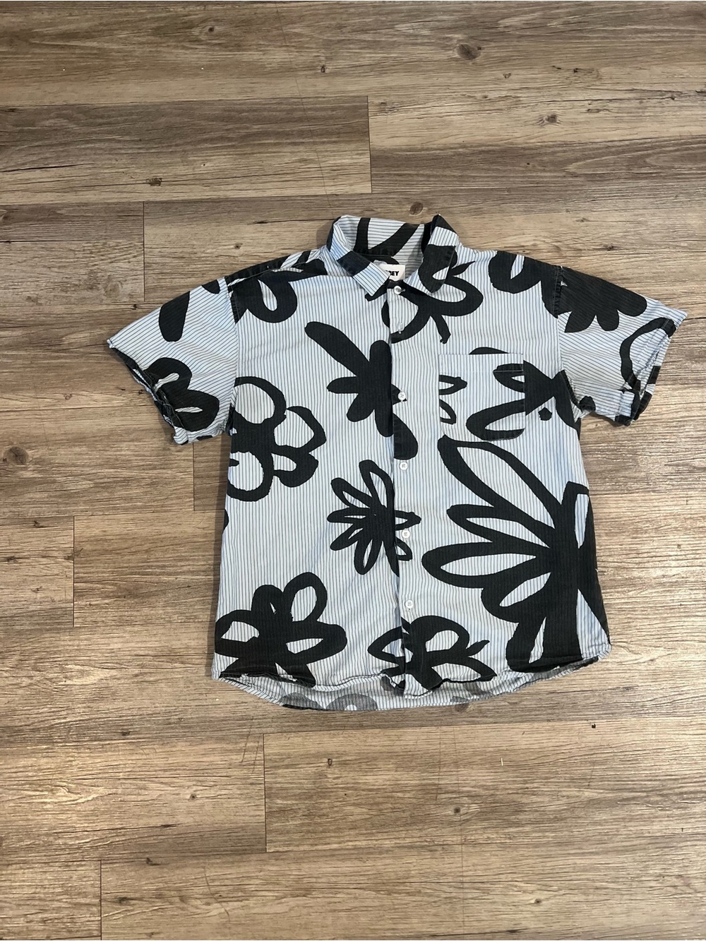 Obey black and white striped button up shirt Size Medium